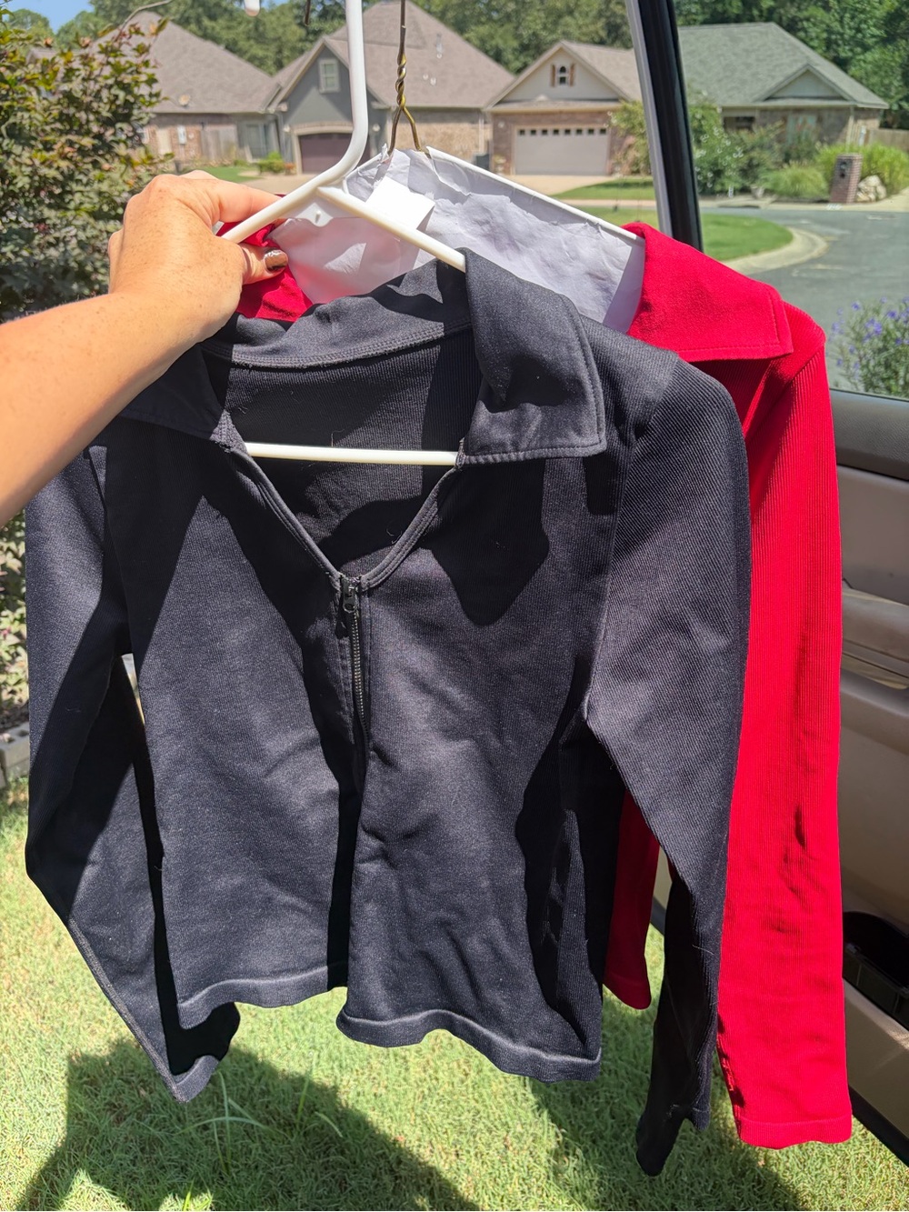 Black Zip Front Jacket with Red Layered Top
